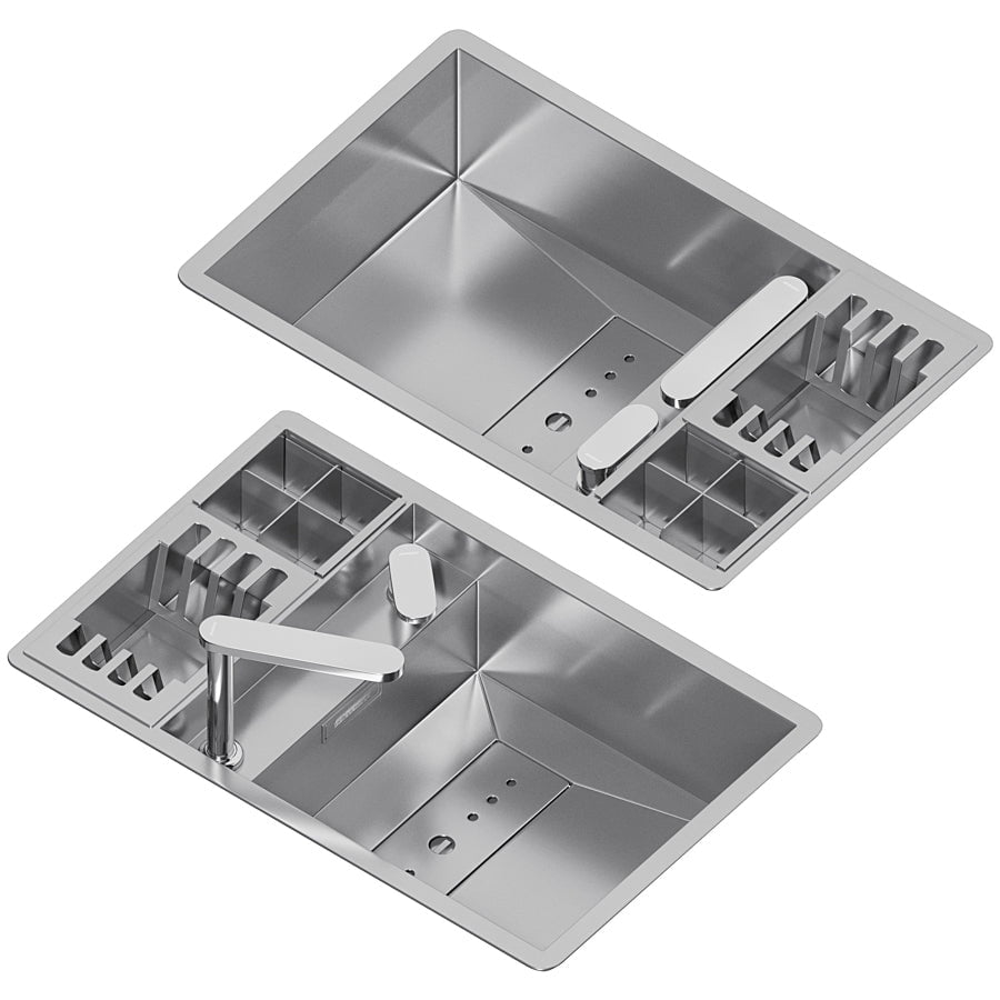 Chiuveta bucatarie inox CookingAid INVISIBLE 70 cu scurgator vase si baterie telescopica integrata, capac scurgere invizibil, tocator sticla temperizata + accesorii montaj, 690x440x200mm