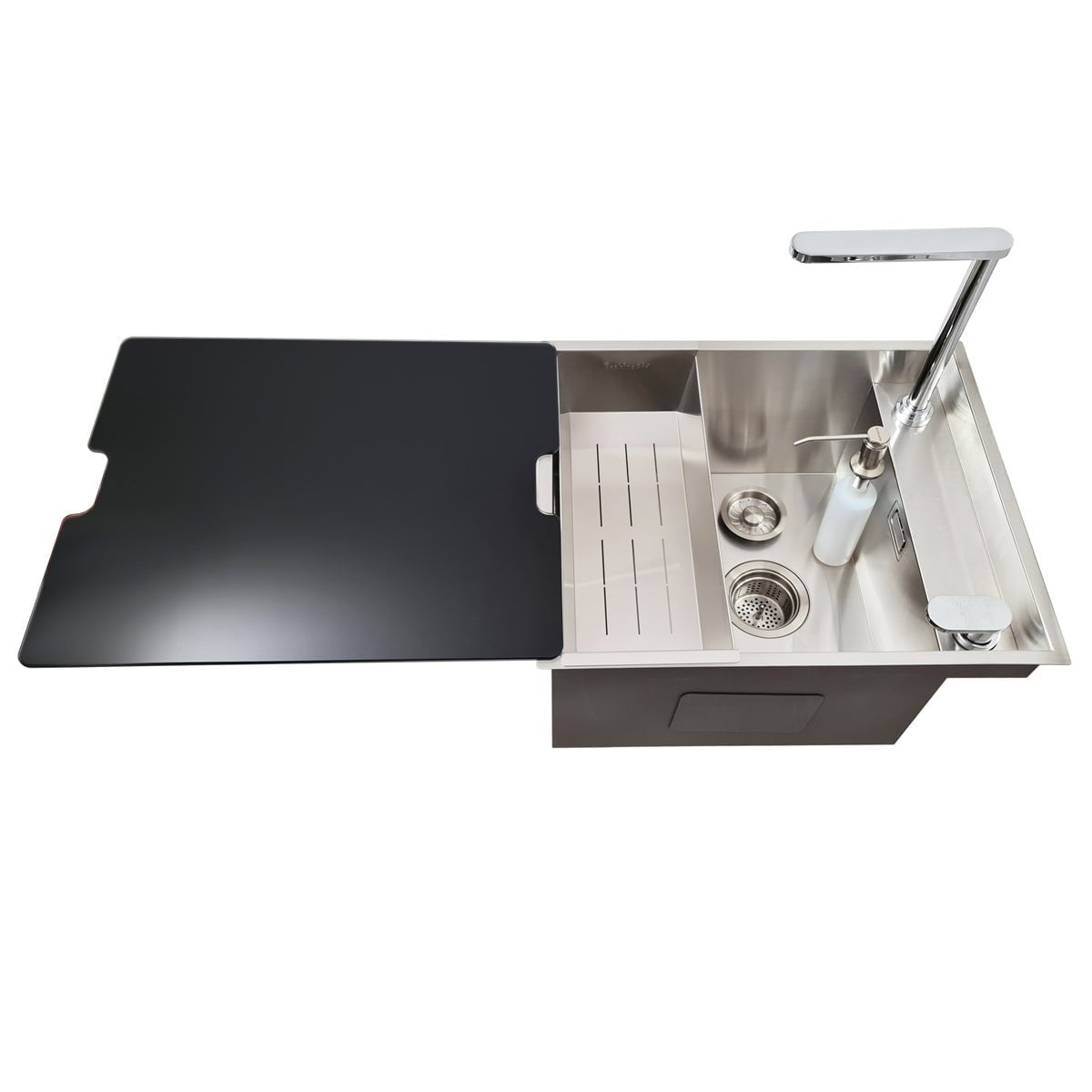 Chiuveta bucatarie inox CookingAid INVISIBLE DEEP cu baterie telescopica integrata, scurgator, tocator sticla temperizata, dozator detergent + accesorii montaj, 510x430x254mm