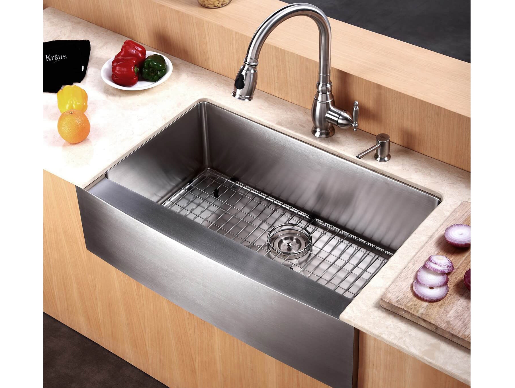 Chiuveta bucatarie inox cu front vizibil CookingAid FARMHOUSE Apron Large Workstation cu scurgator, gratar rulabil inox, dozator sapun, tocator si accesorii montaj, 838*530*254 mm