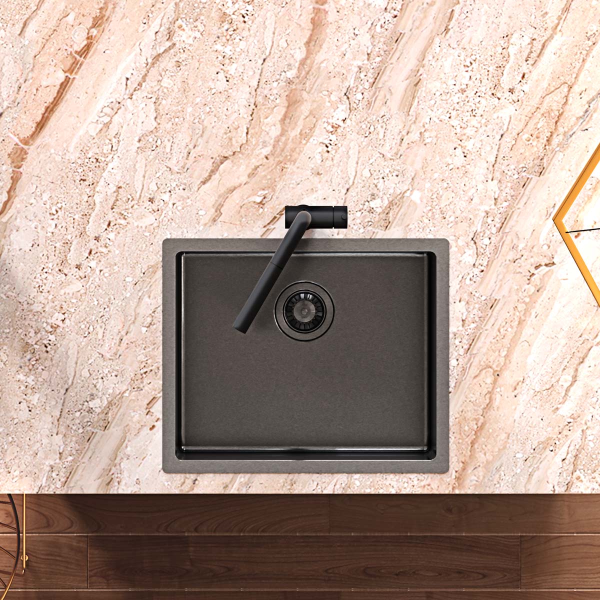 Chiuveta bucatarie inox cu strat PVD ceramic culoare gri inchis / negru cu montaj pe/sub blat + accesorii montaj, 550x450x200 mm, cod 6066
