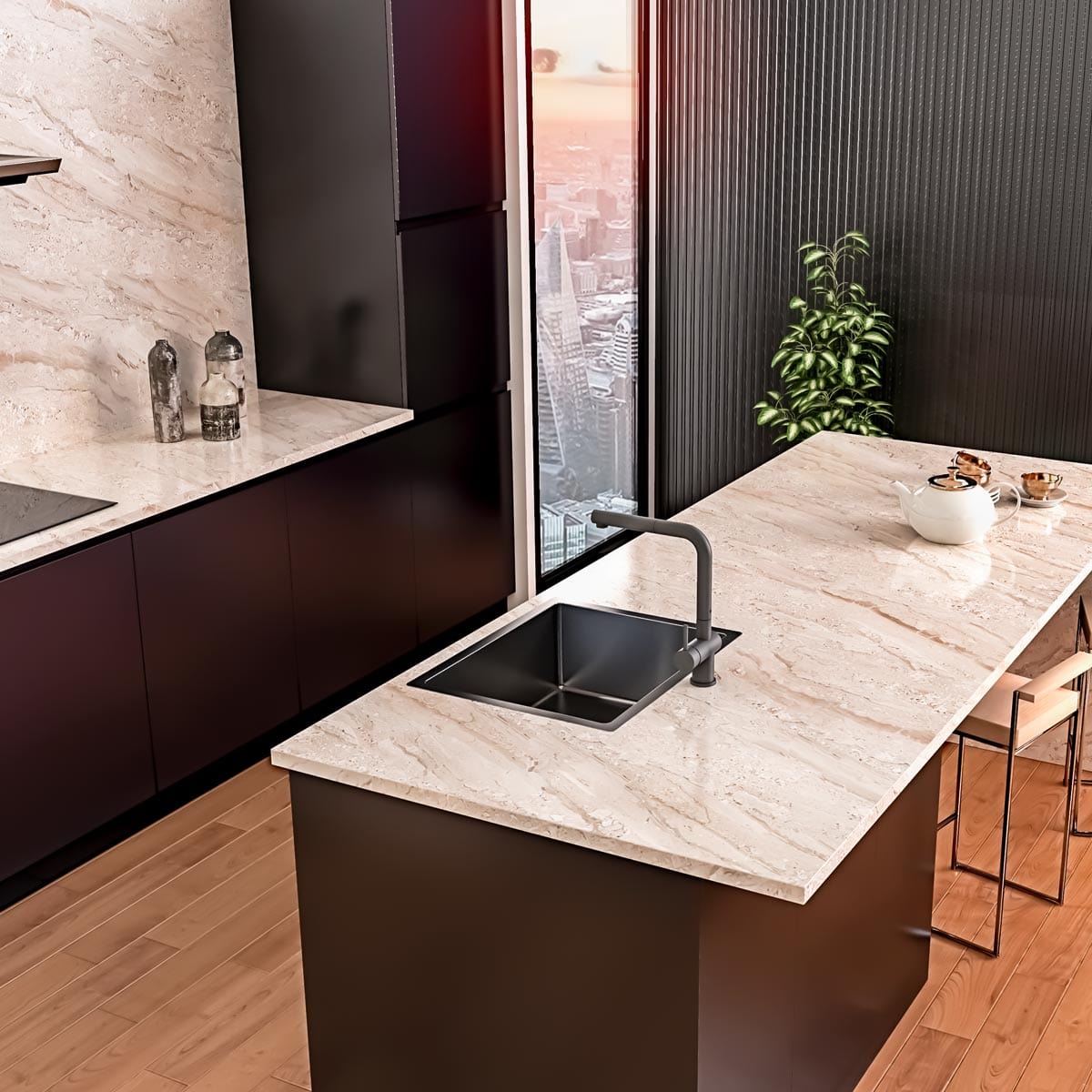 Chiuveta bucatarie inox cu strat PVD ceramic culoare gri inchis / negru cu montaj pe/sub blat + accesorii montaj, 550x450x200 mm, cod 6066