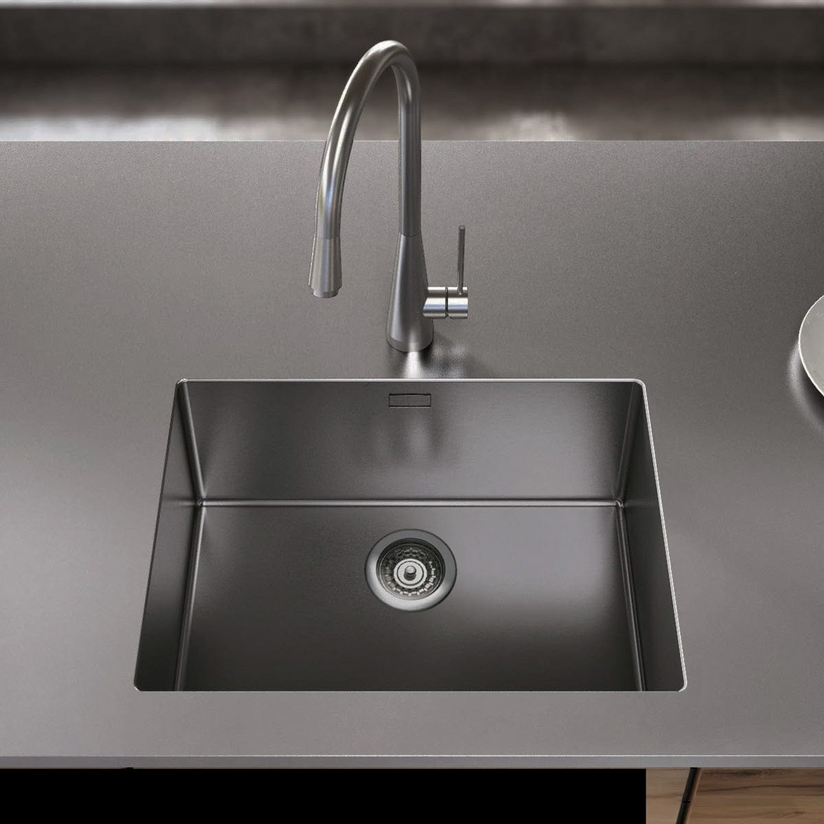 Chiuveta bucatarie inox cu strat PVD ceramic culoare gri inchis / negru cu montaj pe/sub blat + accesorii montaj, 550x450x200 mm, cod 6066