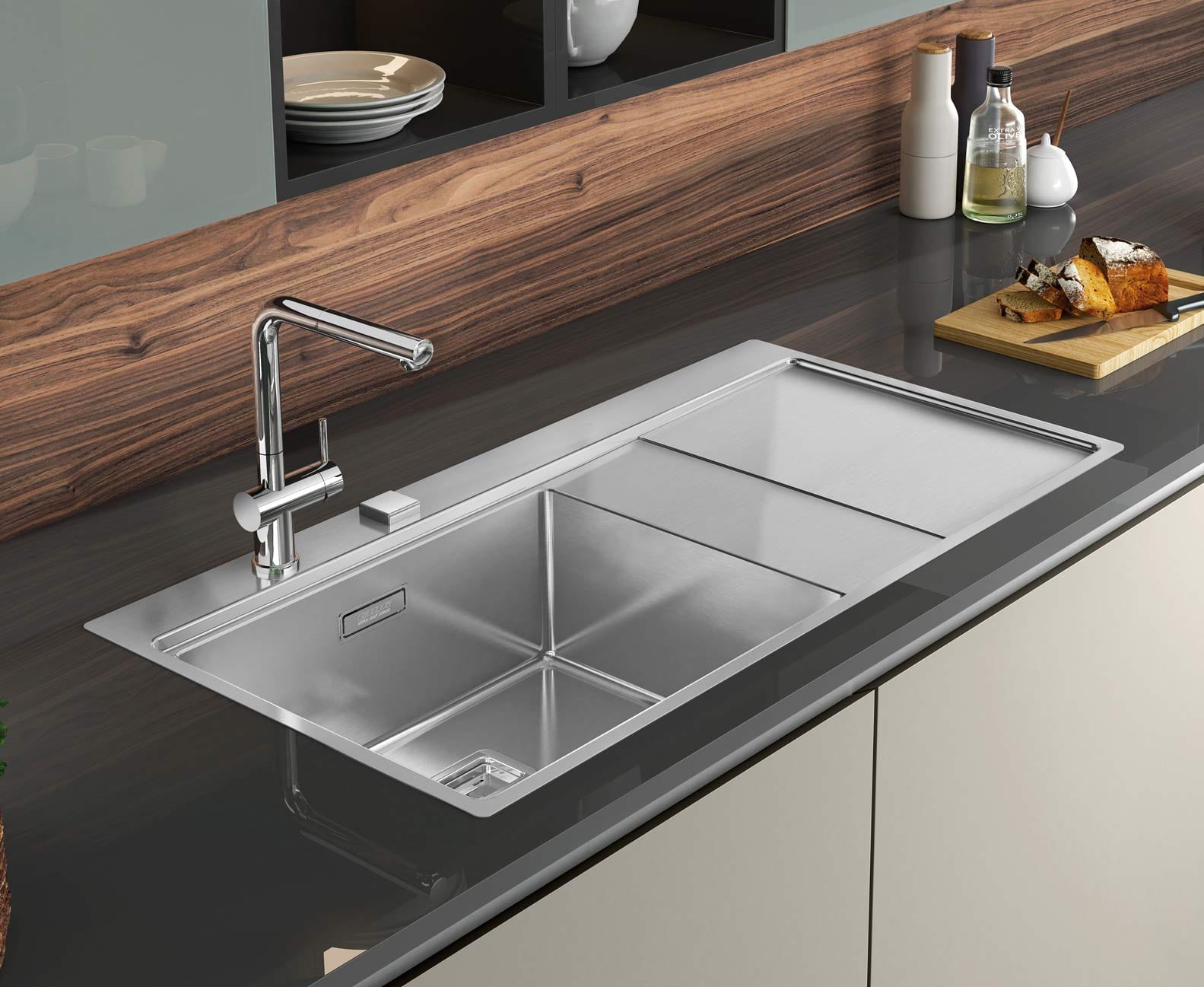 Chiuveta bucatarie inox cu ventil scurgere dreptunghiular automat si accesorii montaj, 1000x520x200 mm, cod 6071