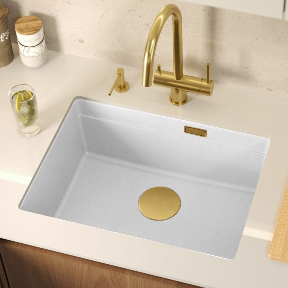 Chiuvetă din granit Logan 100 Quadron, alb, ventil auriu