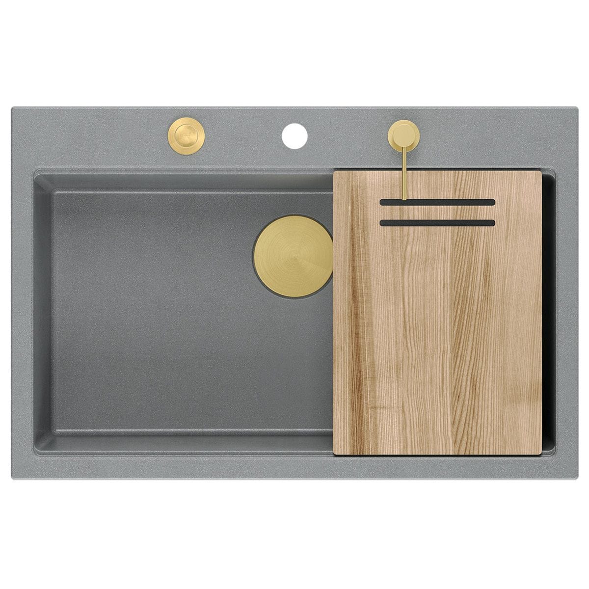Chiuvetă din granit Marc 110 Quadron,workstation, gri metalic, ventil si accesorii aurii