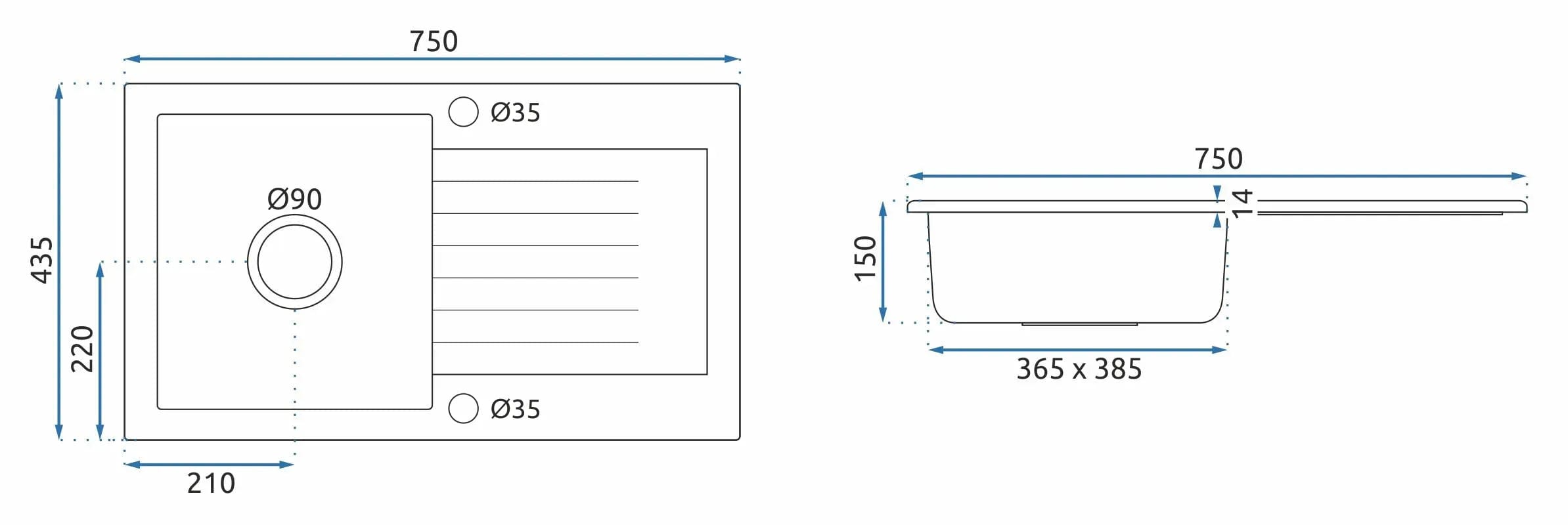 Chiuvetă din granit Rea Dag, gri