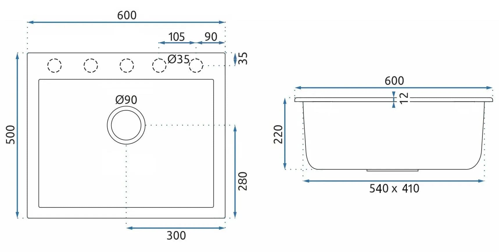 Chiuvetă din granit Rea West XL, negru metalic