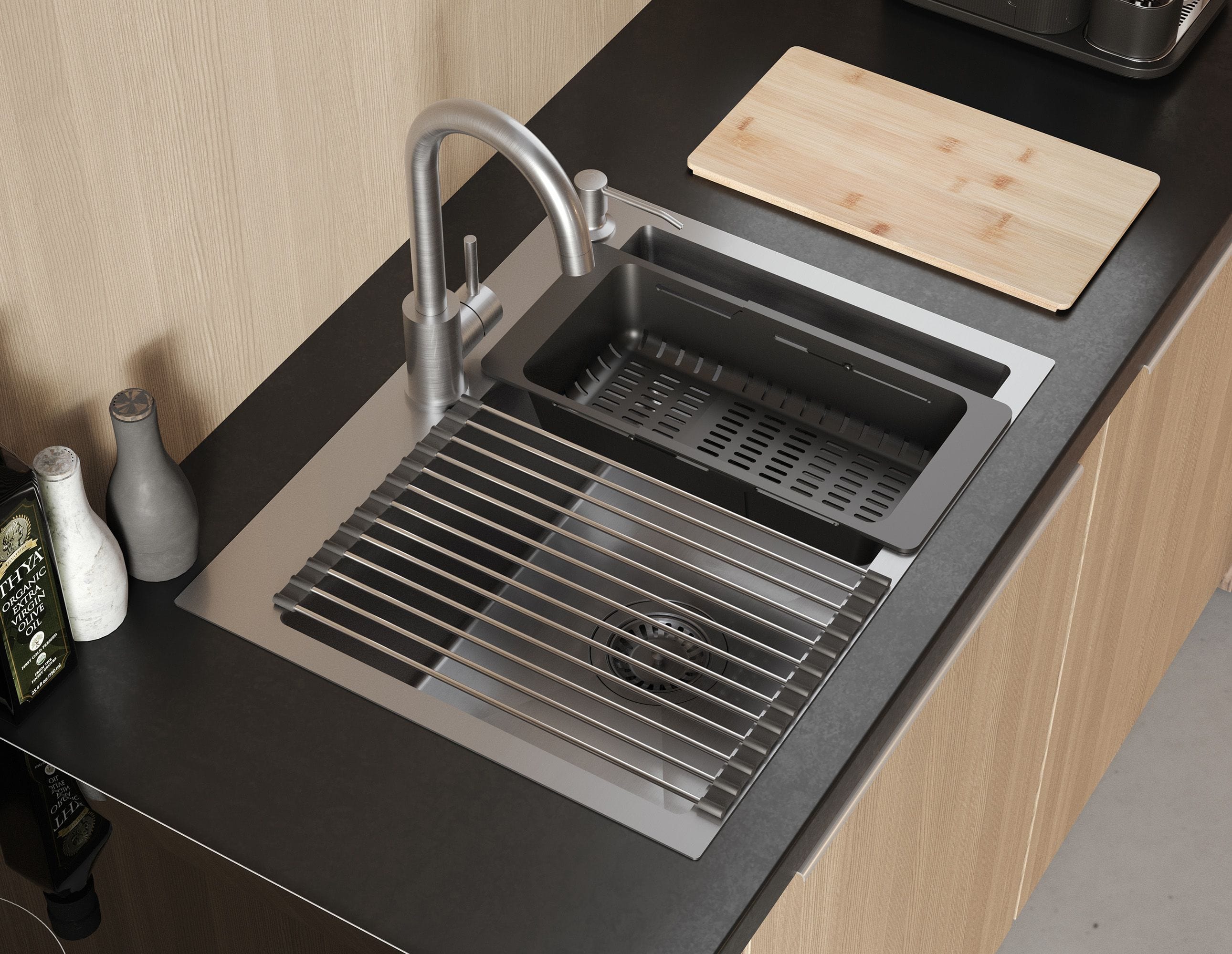 Chiuvetă Inox Quadron Luke 110 Workstation, 580x450 mm, argintiu - Cu baterie