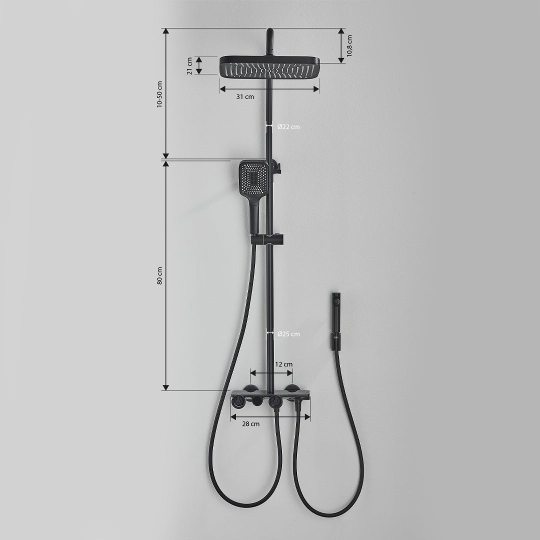 Coloană de duș cu afișaj digital de temperatură, negru mat, cu efect de ploaie, cod 1173