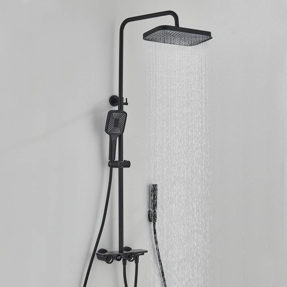 Coloană de duș cu afișaj digital de temperatură, negru mat, cu efect de ploaie, cod 1173