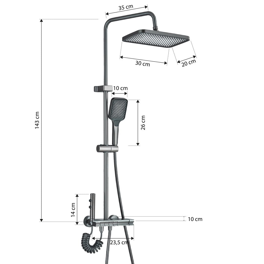 Coloană de duș cu afișaj digital și multiple funcții de curgere, gri, cu efect de ploaie, cod 1179