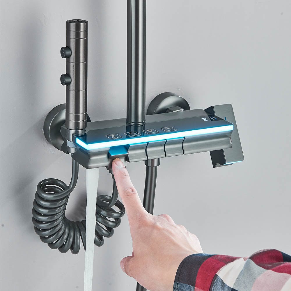 Coloană de duș cu afișaj digital și multiple funcții de curgere, gri, cu efect de ploaie, cod 1179