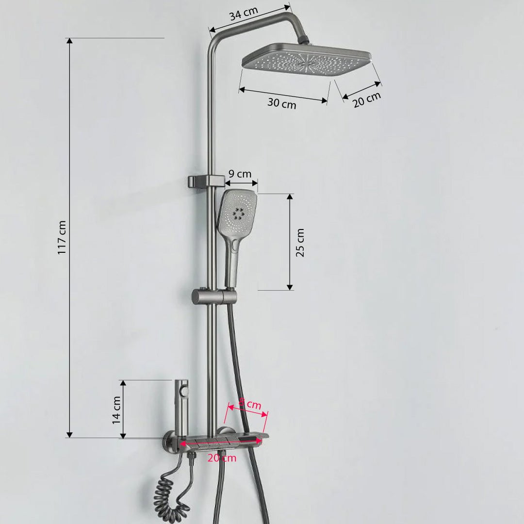 Coloană de duș cu afișaj digital și multiple funcții de curgere, gri, cu efect de ploaie, cod 1622