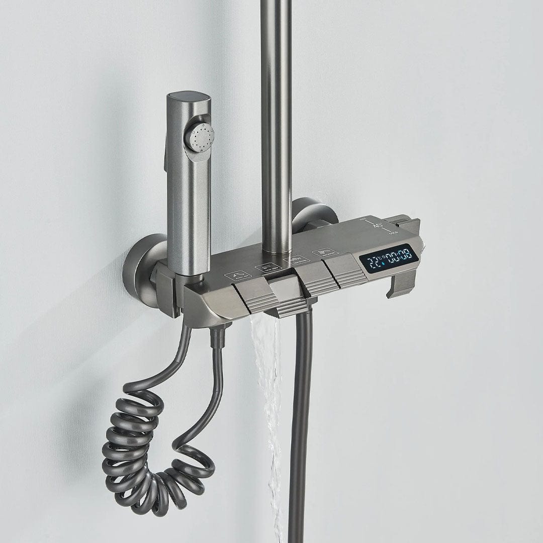Coloană de duș cu afișaj digital și multiple funcții de curgere, gri, cu efect de ploaie, cod 1622