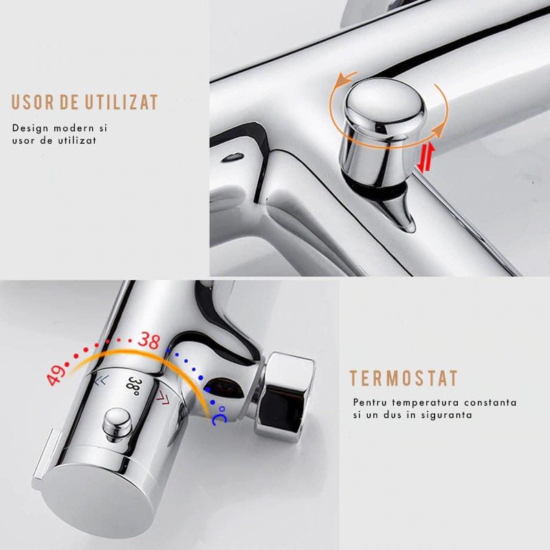 Coloana Dus cu termostat, para rotunda si efect de ploaie, argintiu cromat, cod 1326