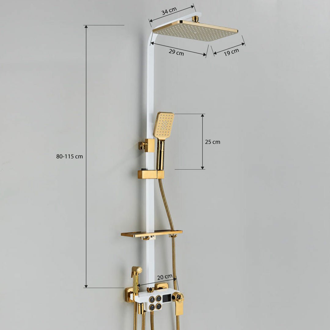 Coloana Dus cu termostat si afisaj de temperatura, alb cu auriu, cu efect de ploaie, 6 functii de curgere, cod 1432