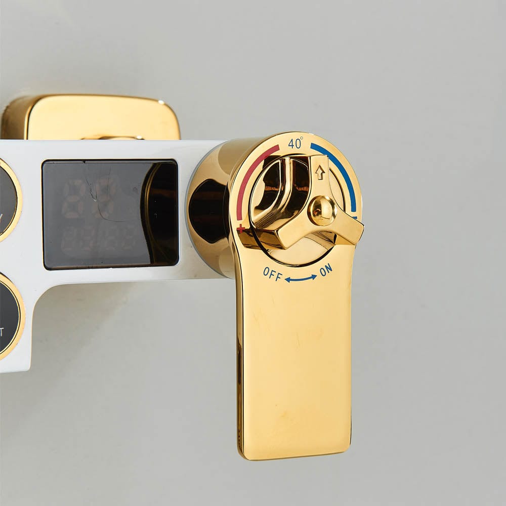 Coloana Dus cu termostat si afisaj de temperatura, alb cu auriu, cu efect de ploaie, 6 functii de curgere, cod 1432