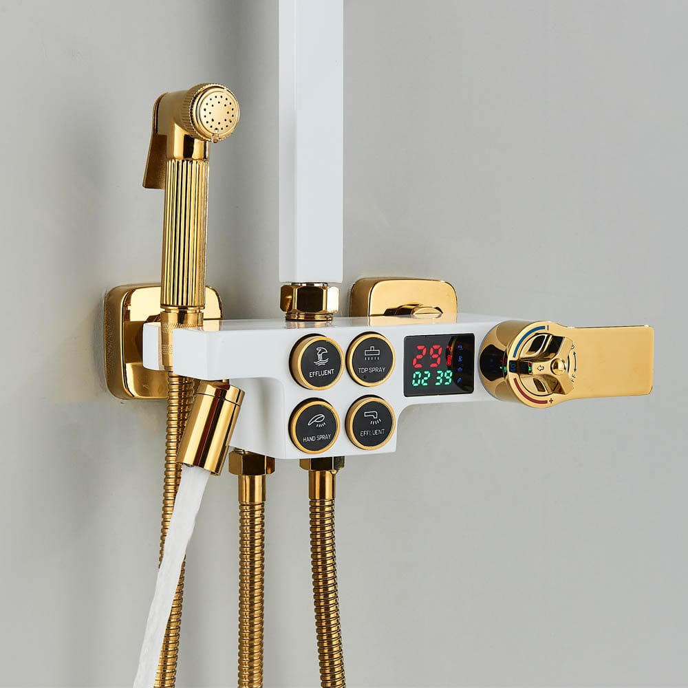 Coloana Dus cu termostat si afisaj de temperatura, alb cu auriu, cu efect de ploaie, 6 functii de curgere, cod 1432