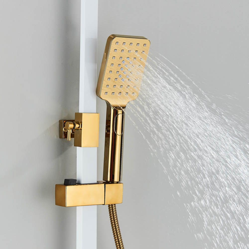 Coloana Dus cu termostat si afisaj de temperatura, alb cu auriu, cu efect de ploaie, 6 functii de curgere, cod 1432