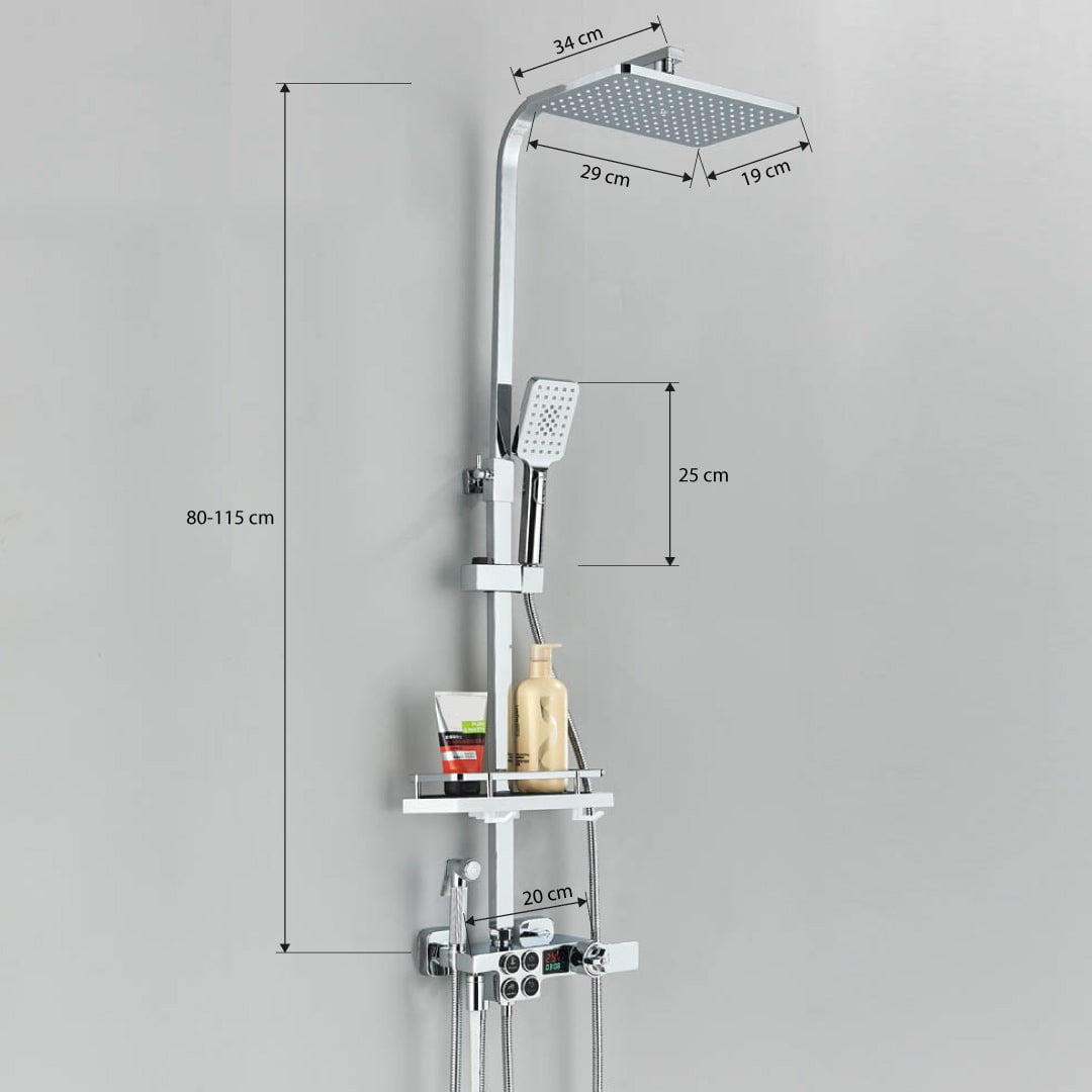 Coloana Dus cu termostat si afisaj de temperatura, argintiu lucios, cu efect de ploaie, 6 functii de curgere, cod 1430