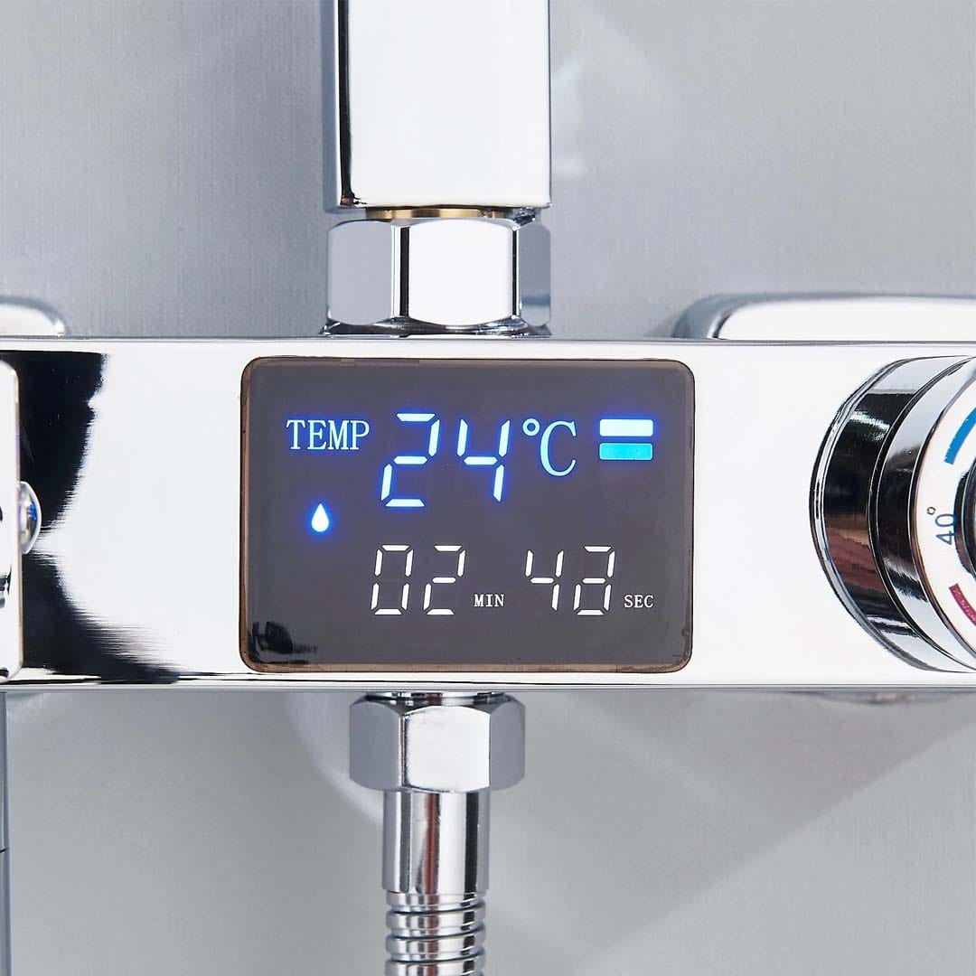 Coloana Dus cu termostat si afisaj de temperatura, cu efect de ploaie, 5 functii de curgere, argintiu, cod 1619