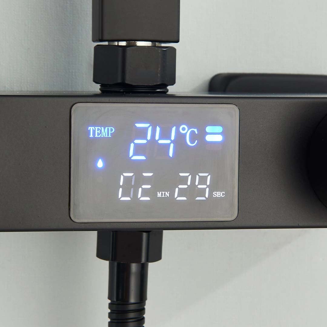 Coloana Dus cu termostat si afisaj de temperatura, cu efect de ploaie, 5 functii de curgere, negru mat, cod 1618