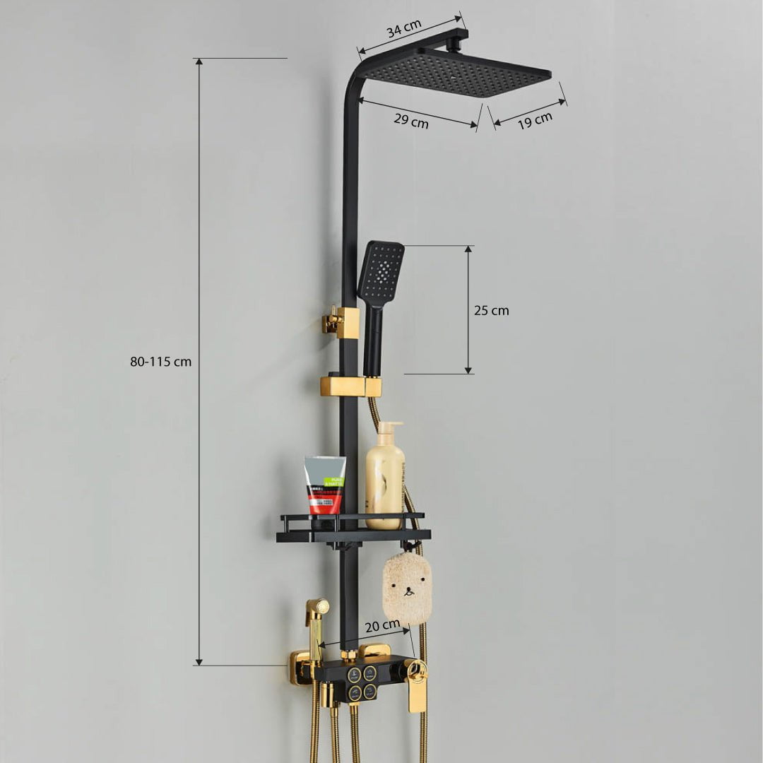 Coloana Dus cu termostat si afisaj de temperatura, negru cu auriu, cu efect de ploaie, 6 functii de curgere, cod 1431