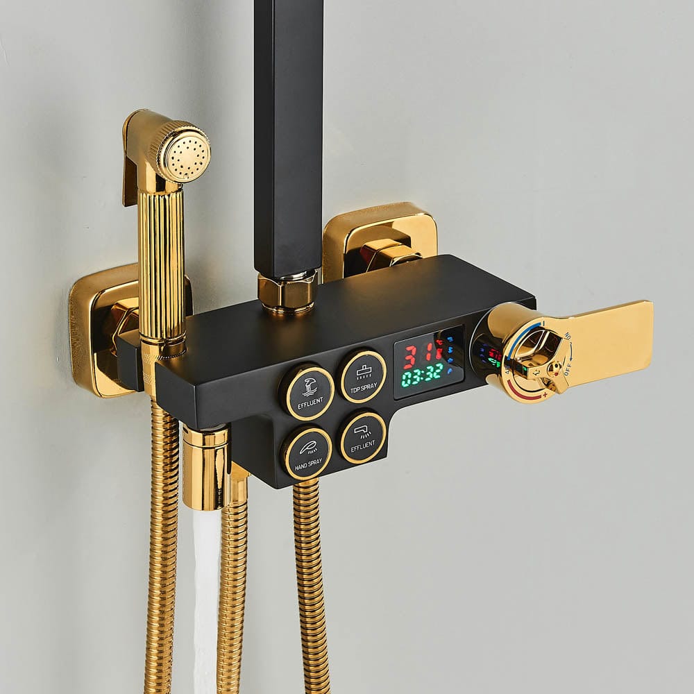 Coloana Dus cu termostat si afisaj de temperatura, negru cu auriu, cu efect de ploaie, 6 functii de curgere, cod 1431