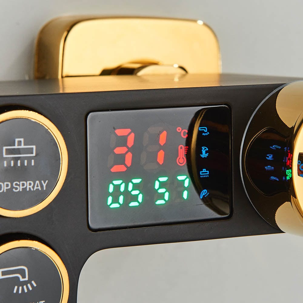 Coloana Dus cu termostat si afisaj de temperatura, negru cu auriu, cu efect de ploaie, 6 functii de curgere, cod 1431