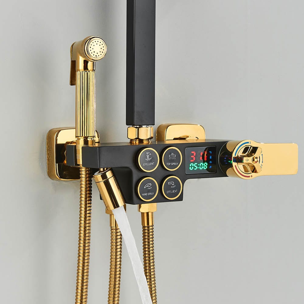 Coloana Dus cu termostat si afisaj de temperatura, negru cu auriu, cu efect de ploaie, 6 functii de curgere, cod 1431