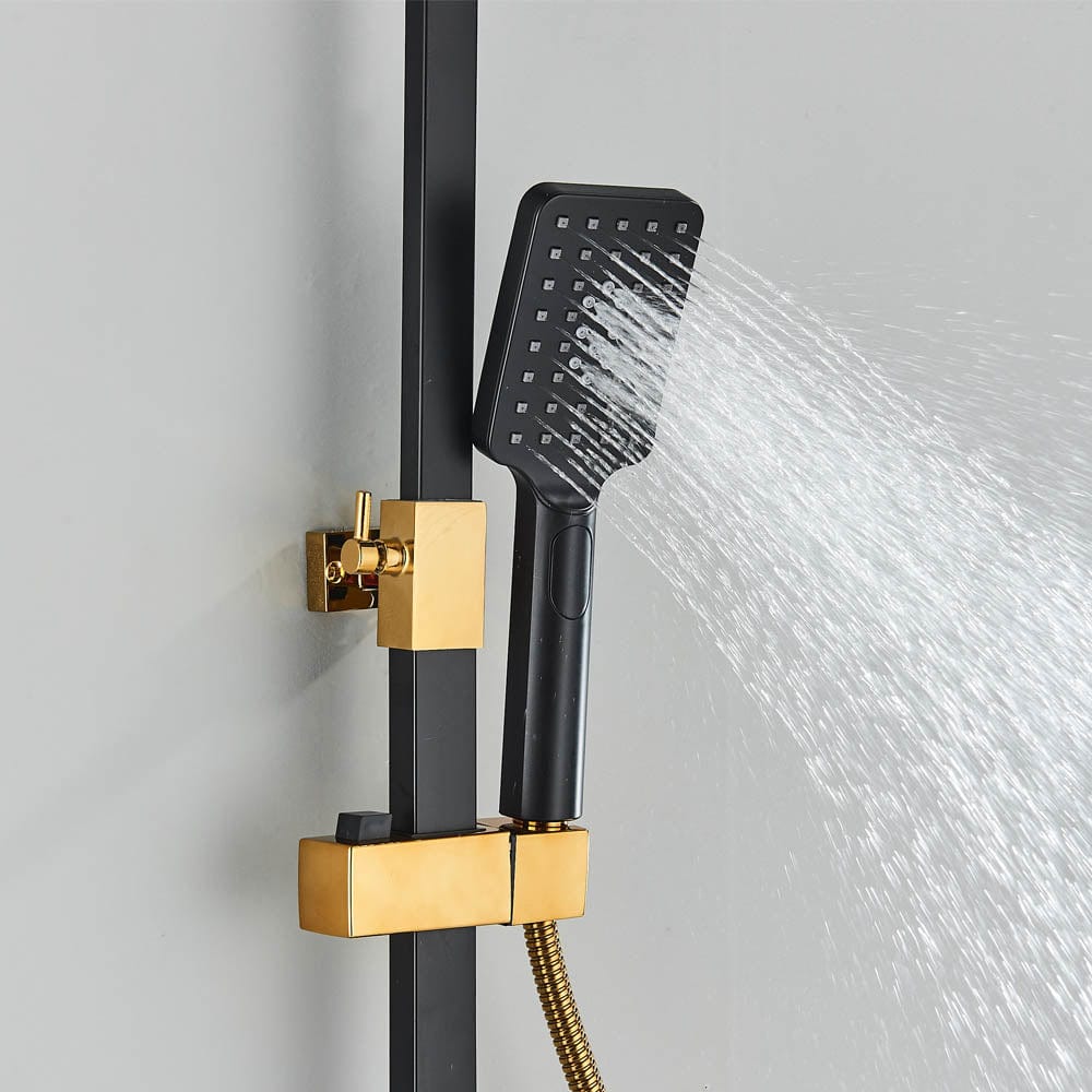 Coloana Dus cu termostat si afisaj de temperatura, negru cu auriu, cu efect de ploaie, 6 functii de curgere, cod 1431