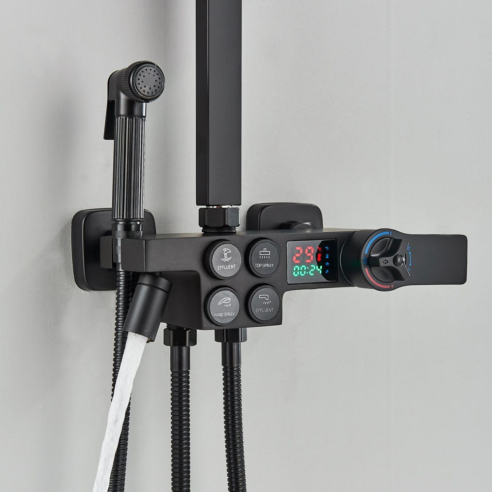 Coloana Dus cu termostat si afisaj de temperatura, negru mat, cu efect de ploaie, 6 functii de curgere, cod 1544