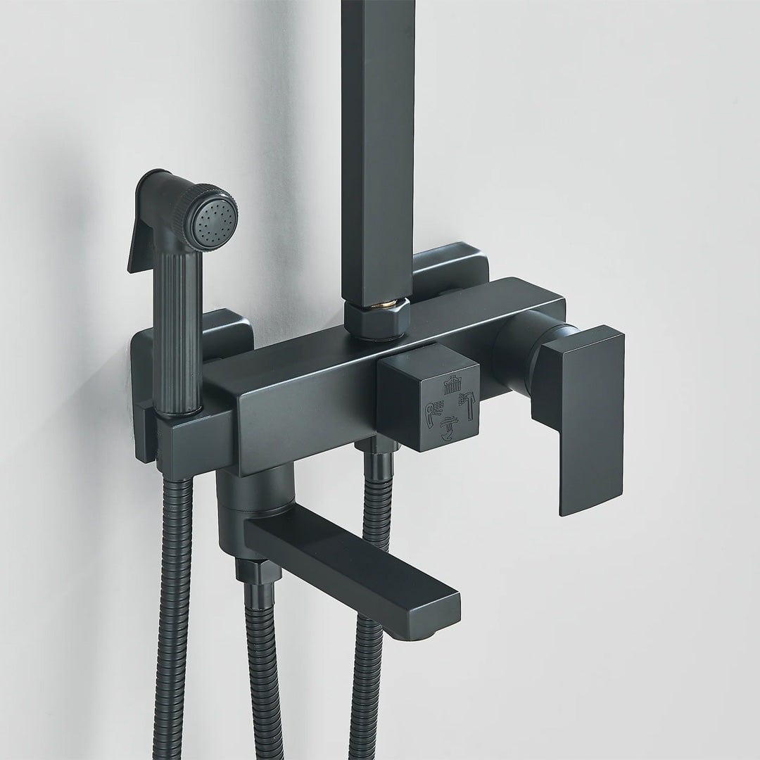 Coloana Dus, negru mat, cu efect de ploaie, para dus 25 cm, 4 functii de curgere, cod 1191