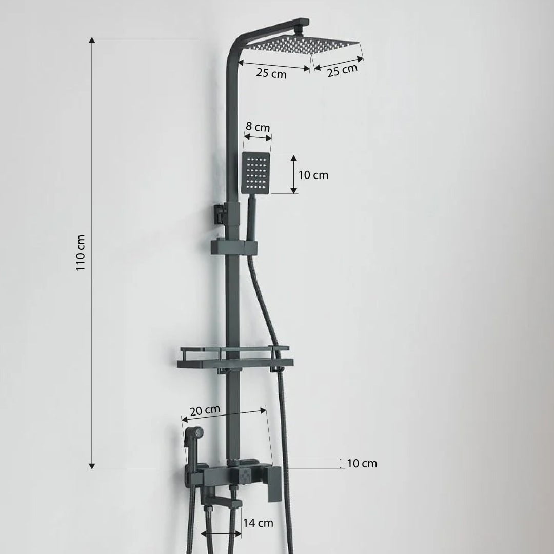 Coloana Dus, negru mat, cu efect de ploaie, para dus 25 cm, 4 functii de curgere, cod 1191