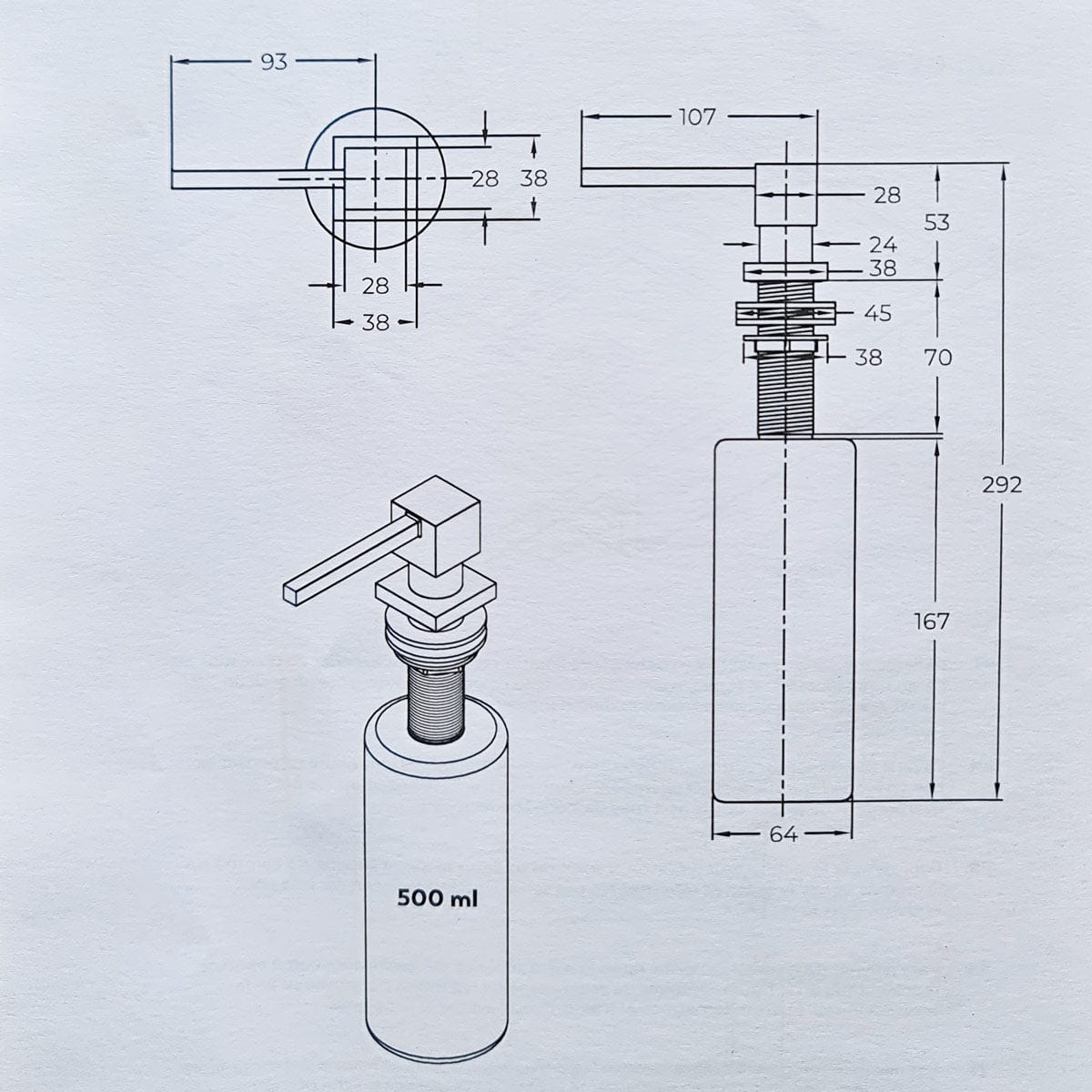 Dozator Sapun Dispenser cu cap patrat cromat cu recipient ABS, cod:6022