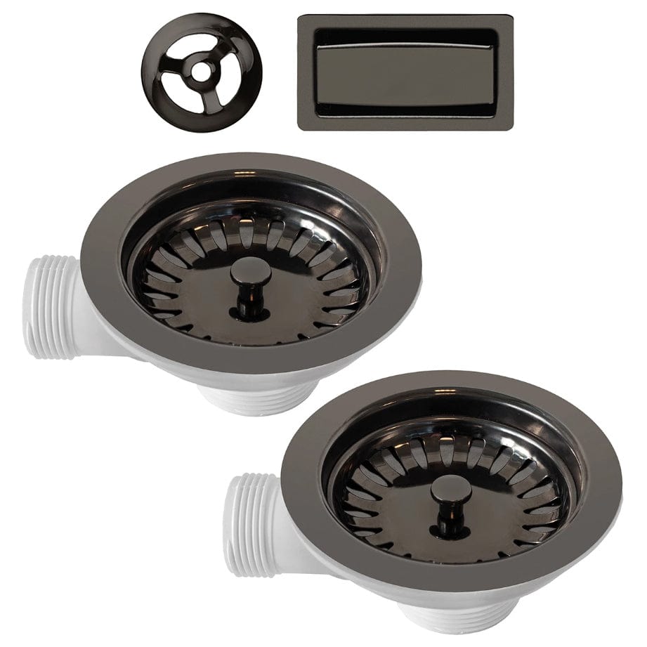 Kit de scurgere ventil si preaplin negru, PVD Black Gun Metal pentru chiuvete bucatarie, cu doua cuve Ø gaura 90mm Ø ventil 114mm, cod: 6041