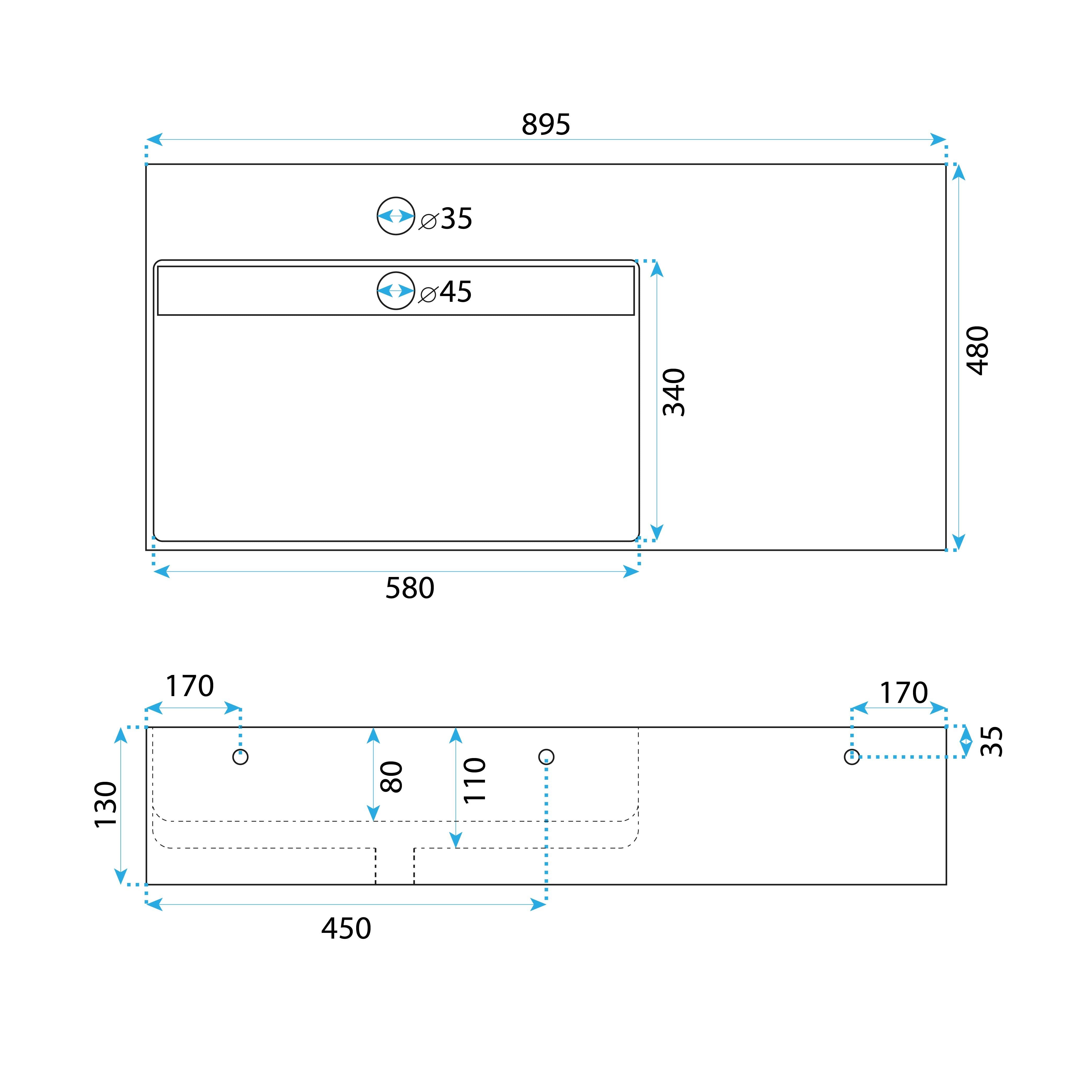 Lavoar baie pe blat dreptunghiular 90 cm conglomerat gri mat – Rea Archi