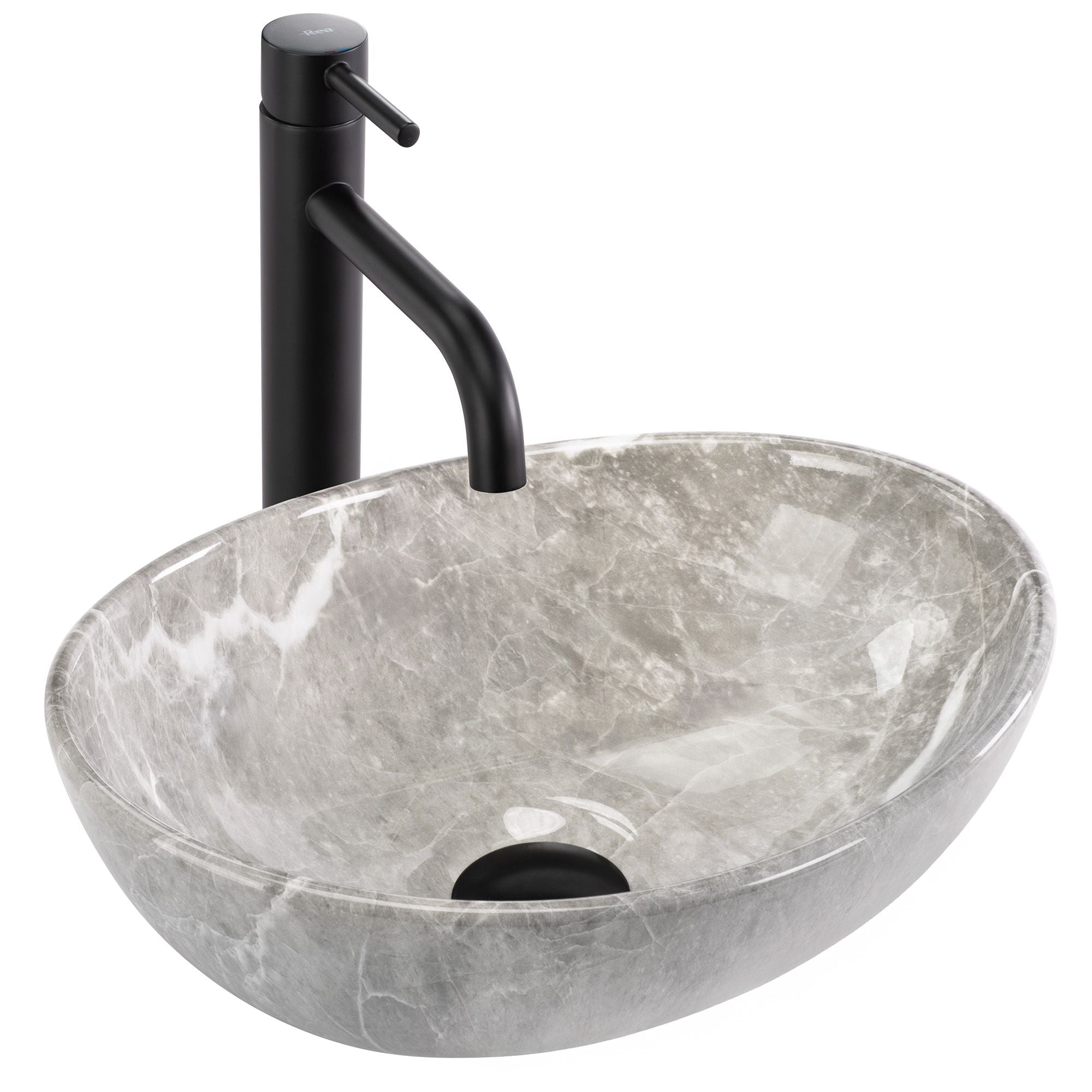 Lavoar baie pe blat oval 35 cm ceramic imitație piatră gri lucios – Rea Sofia Mini Grigio