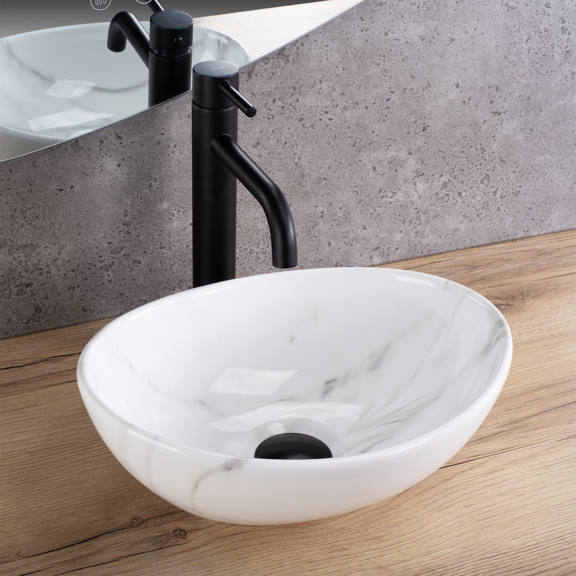 Lavoar baie pe blat oval 36 cm ceramic imitație piatră alb lucios – Rea Sofia Mini Cloudy
