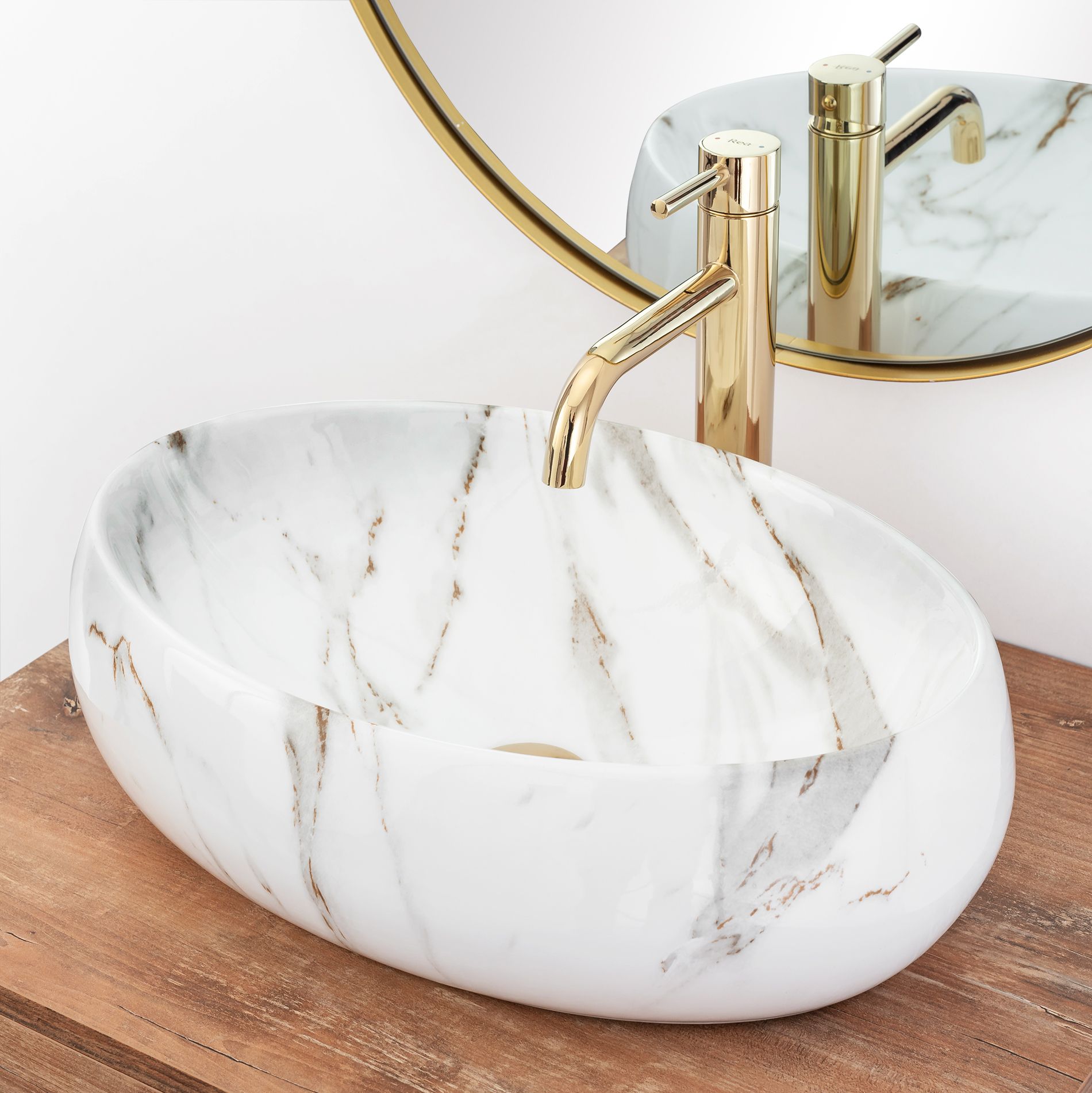 Lavoar baie pe blat oval 48,5 cm ceramică imitatie piatră alb mat – Rea Linda