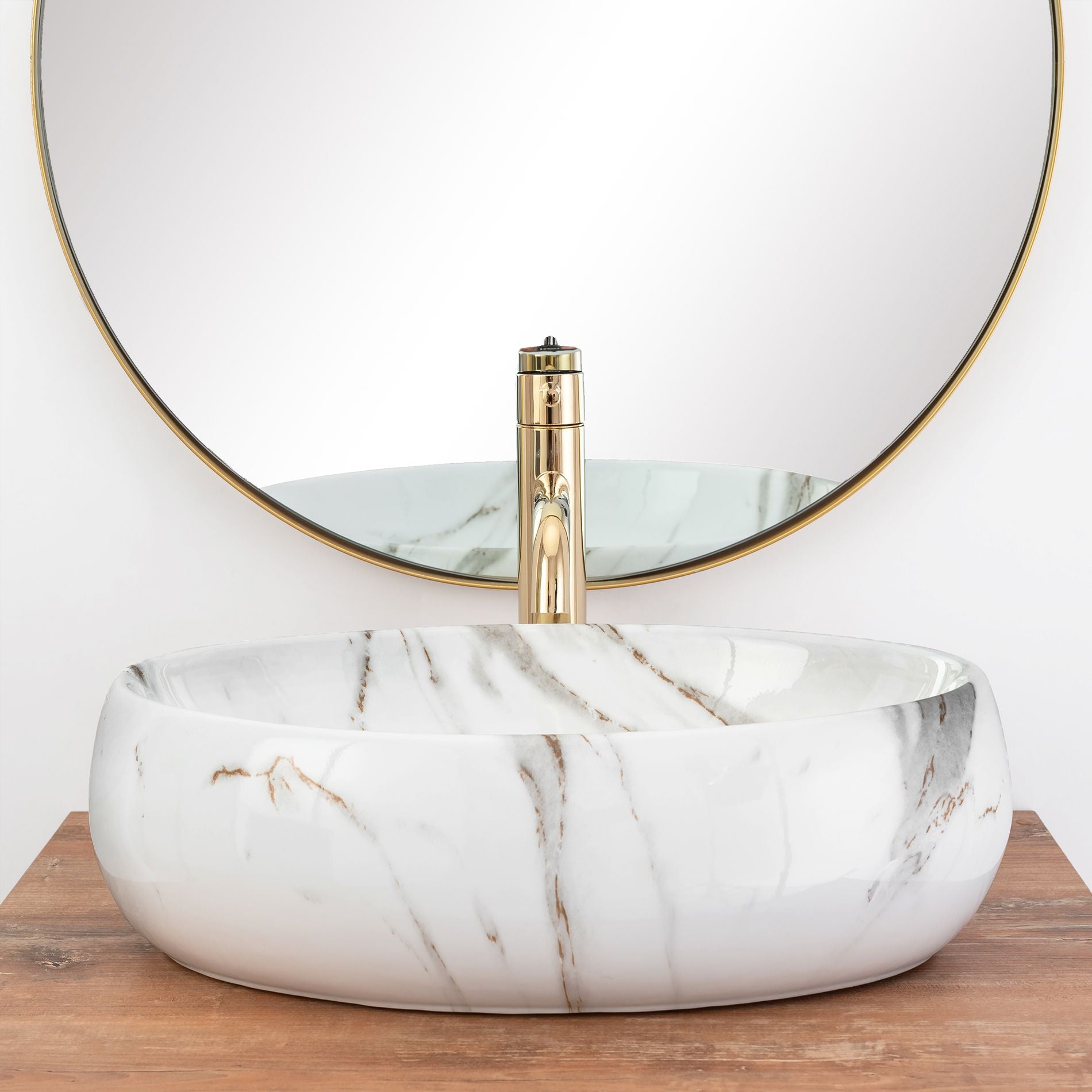 Lavoar baie pe blat oval 48,5 cm ceramică imitatie piatră alb mat – Rea Linda