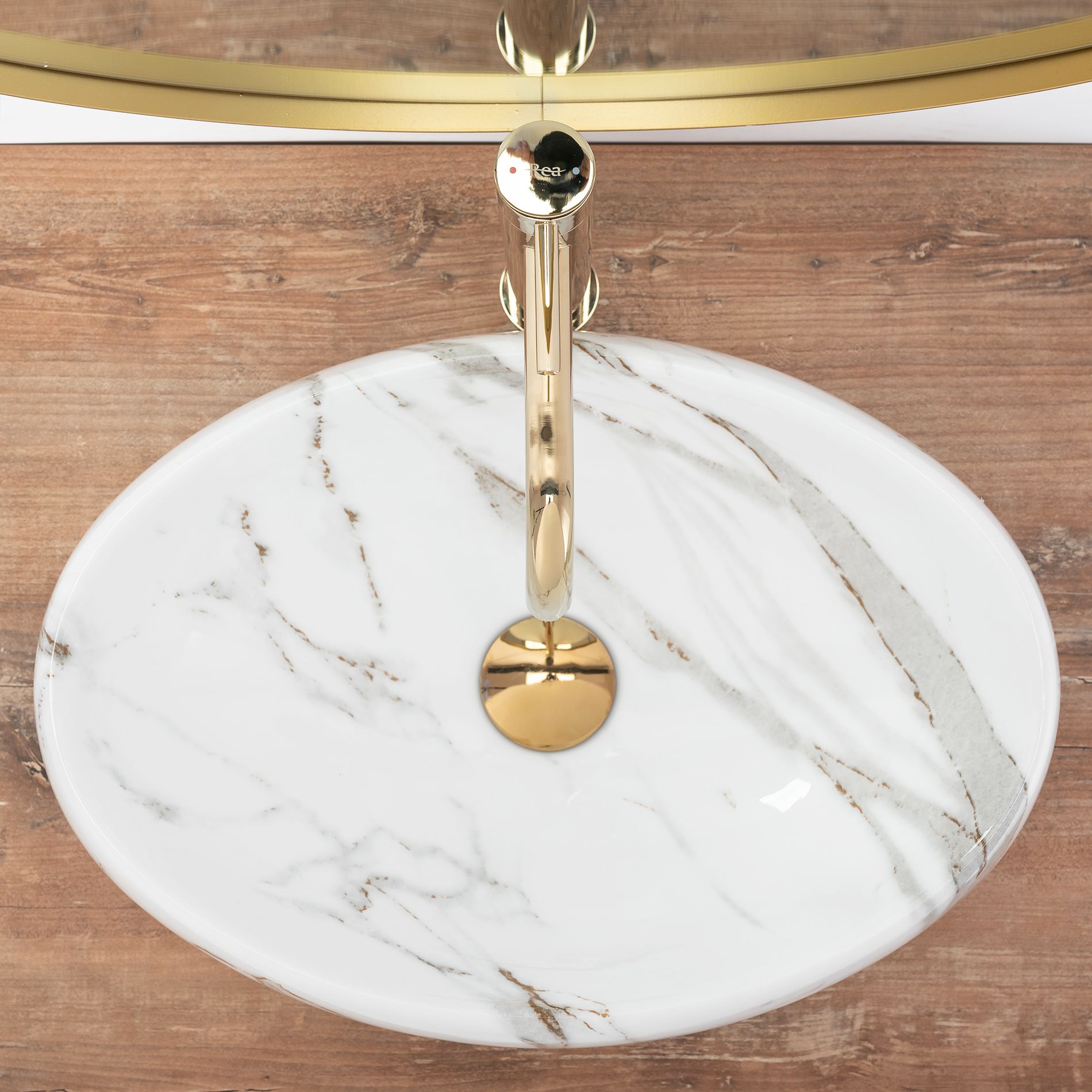 Lavoar baie pe blat oval 48,5 cm ceramică imitatie piatră alb mat – Rea Linda