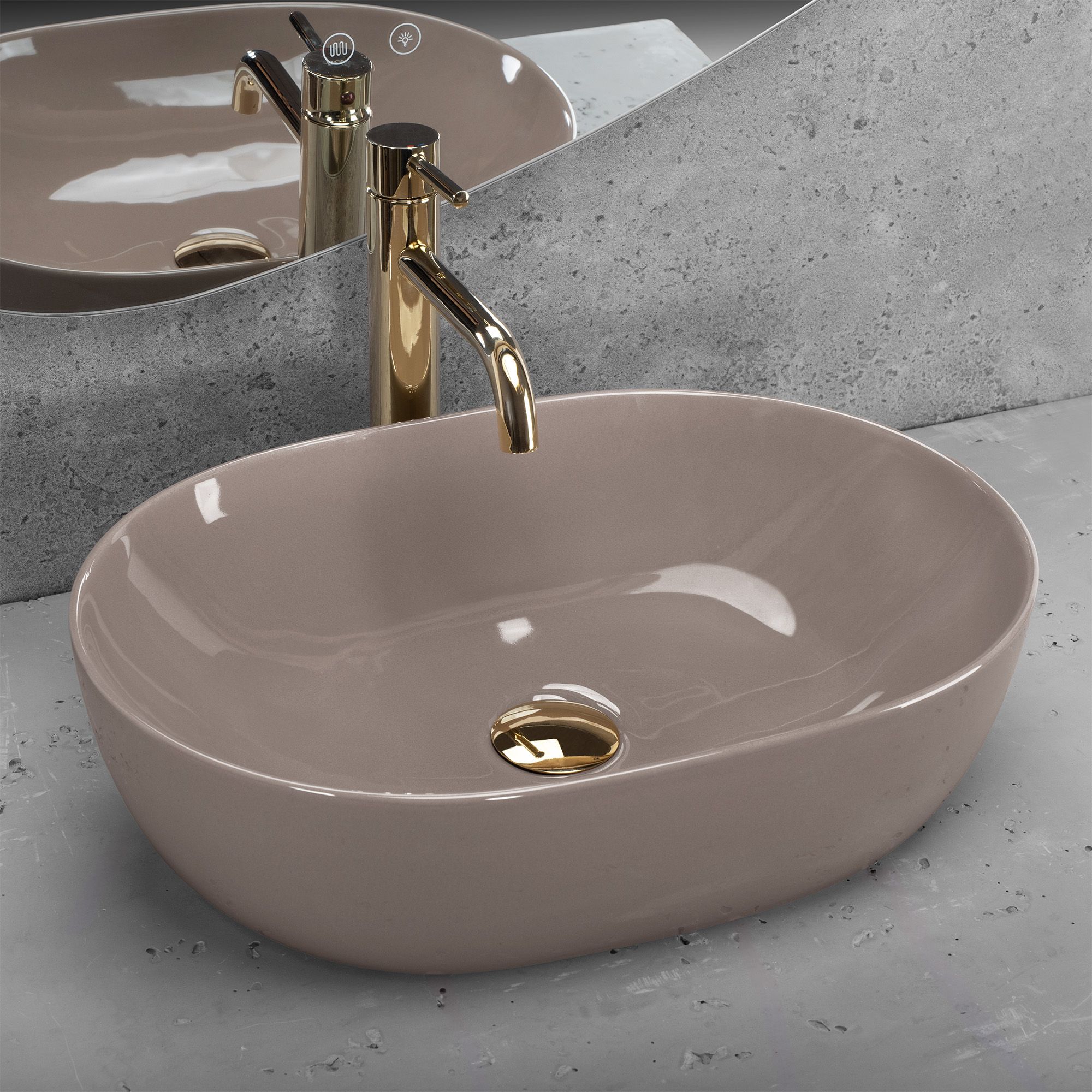 Lavoar baie pe blat oval 49 cm ceramic bej lucios – Rea Lisa Beige Shiny