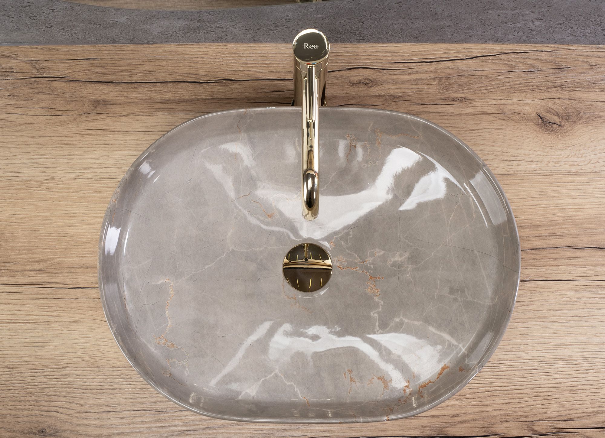 Lavoar baie pe blat oval 50 cm ceramic imitație piatră gri lucios – Rea Nadia 50 Kashmir