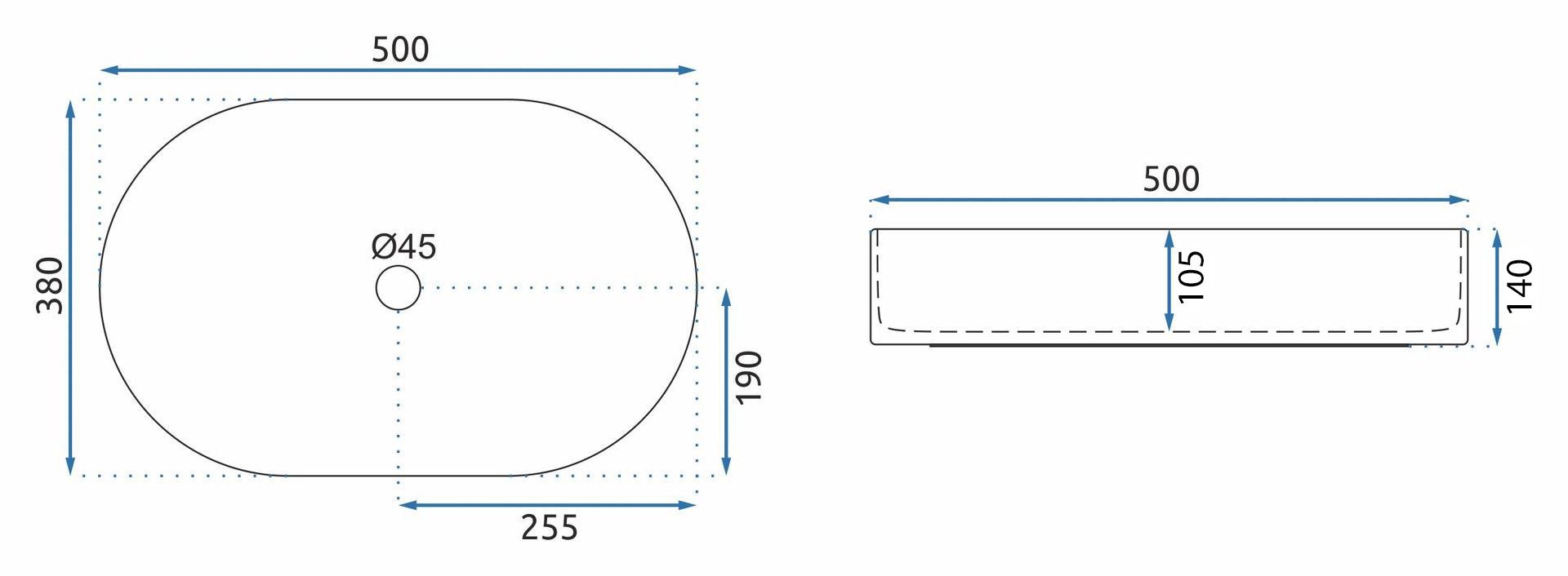 Lavoar baie pe blat oval 50 cm ceramic imitație piatră negru lucios – Rea Nadia 50 Black Stone