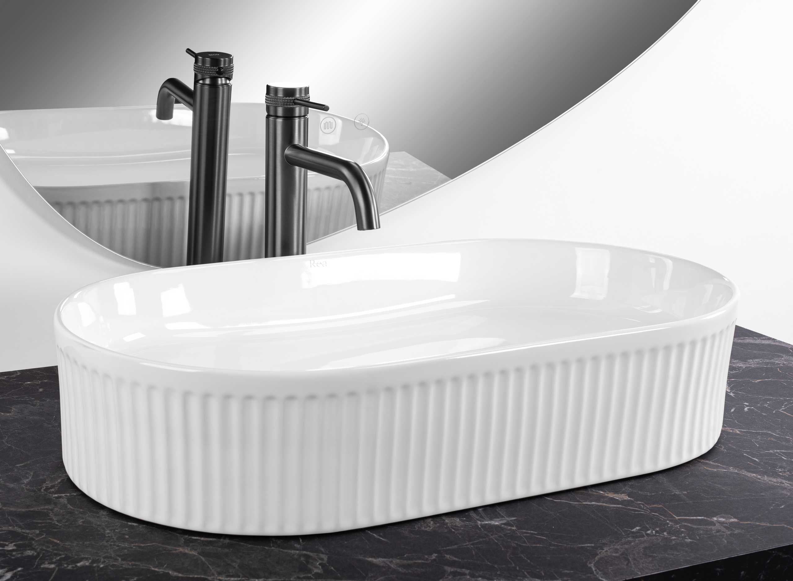 Lavoar baie pe blat oval 60 cm ceramic alb lucios - Rea Vanda