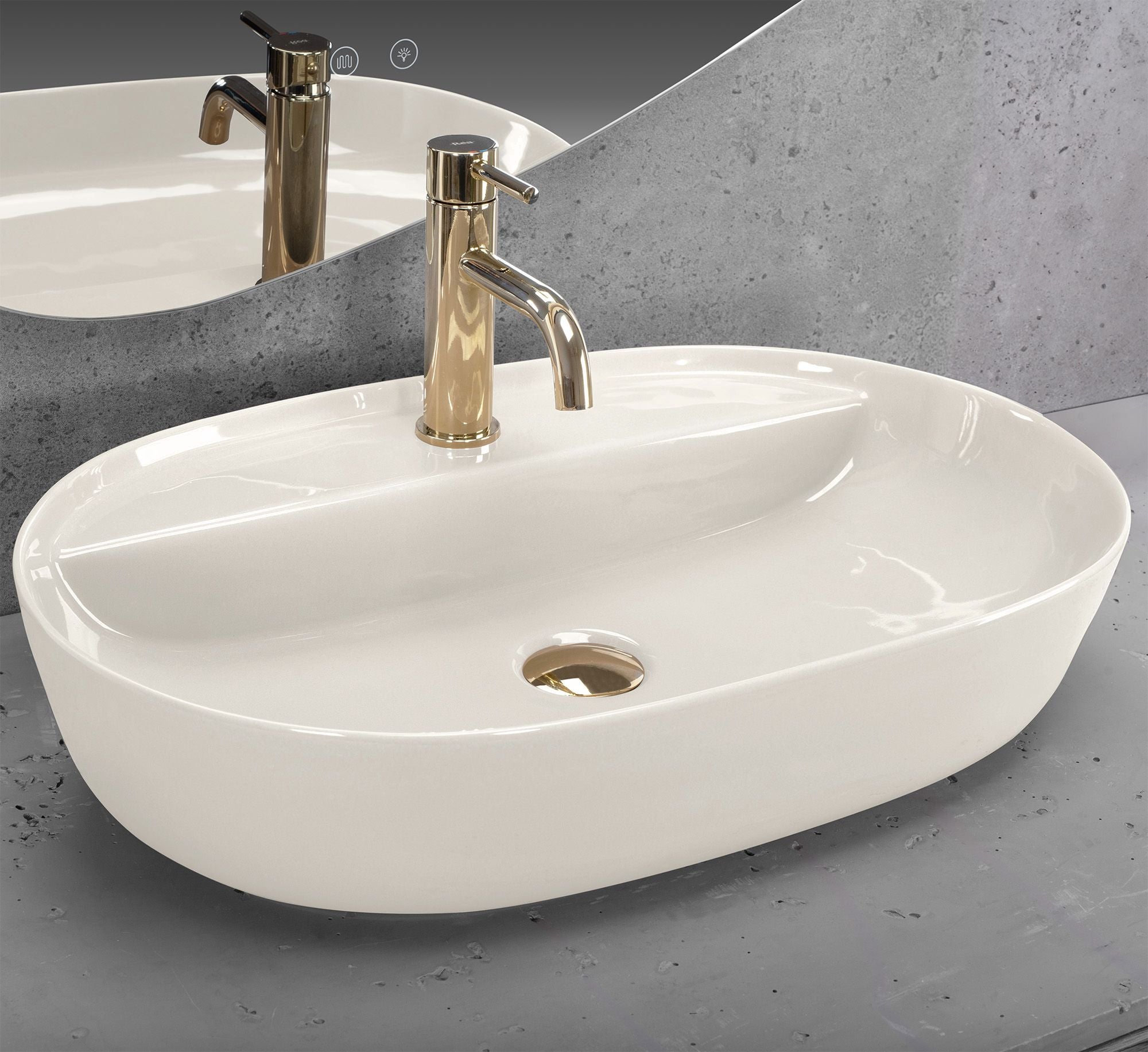 Lavoar baie pe blat oval 61 cm ceramic alb lucios – Rea Aura 61 Ecru Shiny