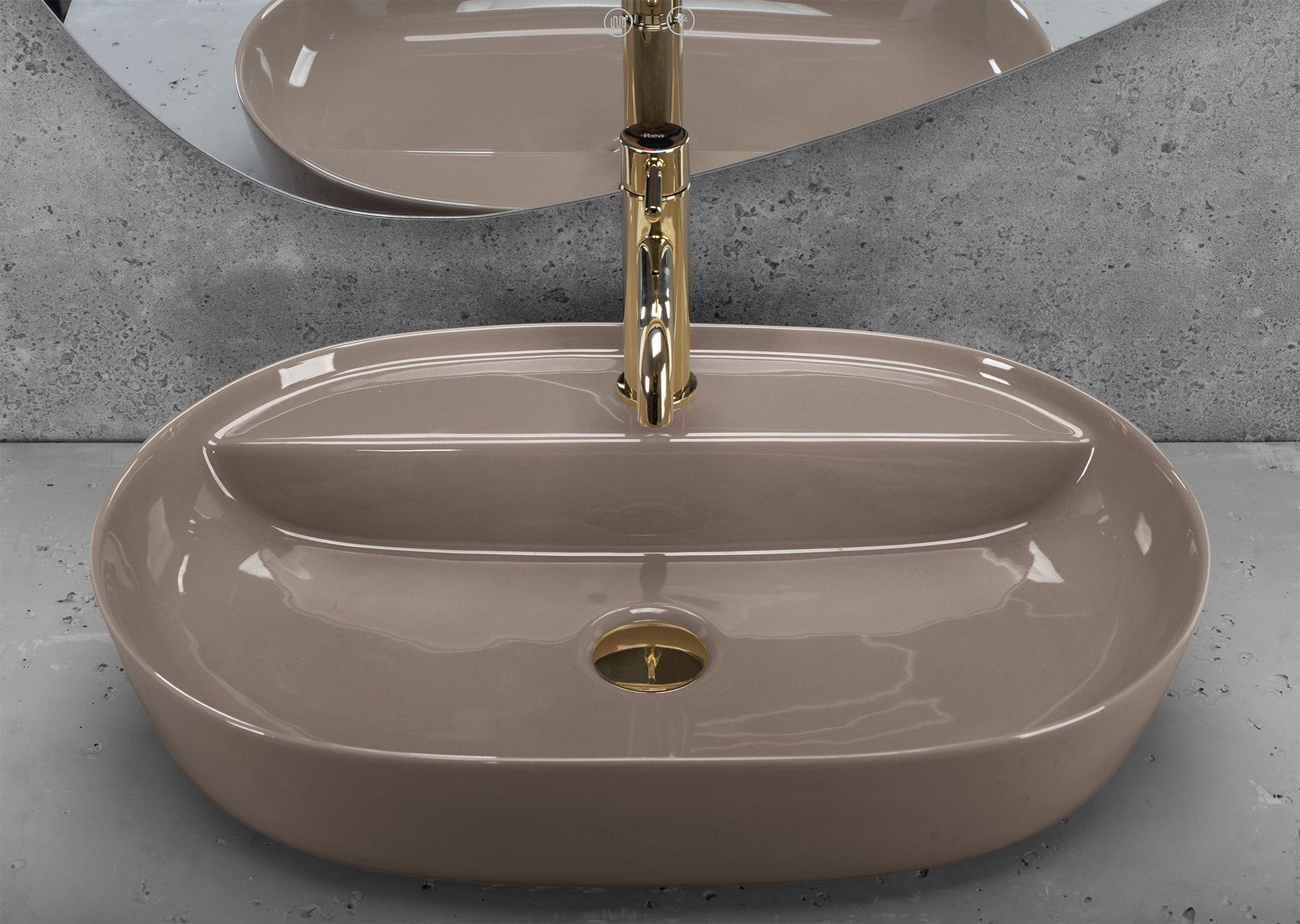 Lavoar baie pe blat oval 61 cm ceramic bej lucios – Rea Aura 61 Beige Shiny