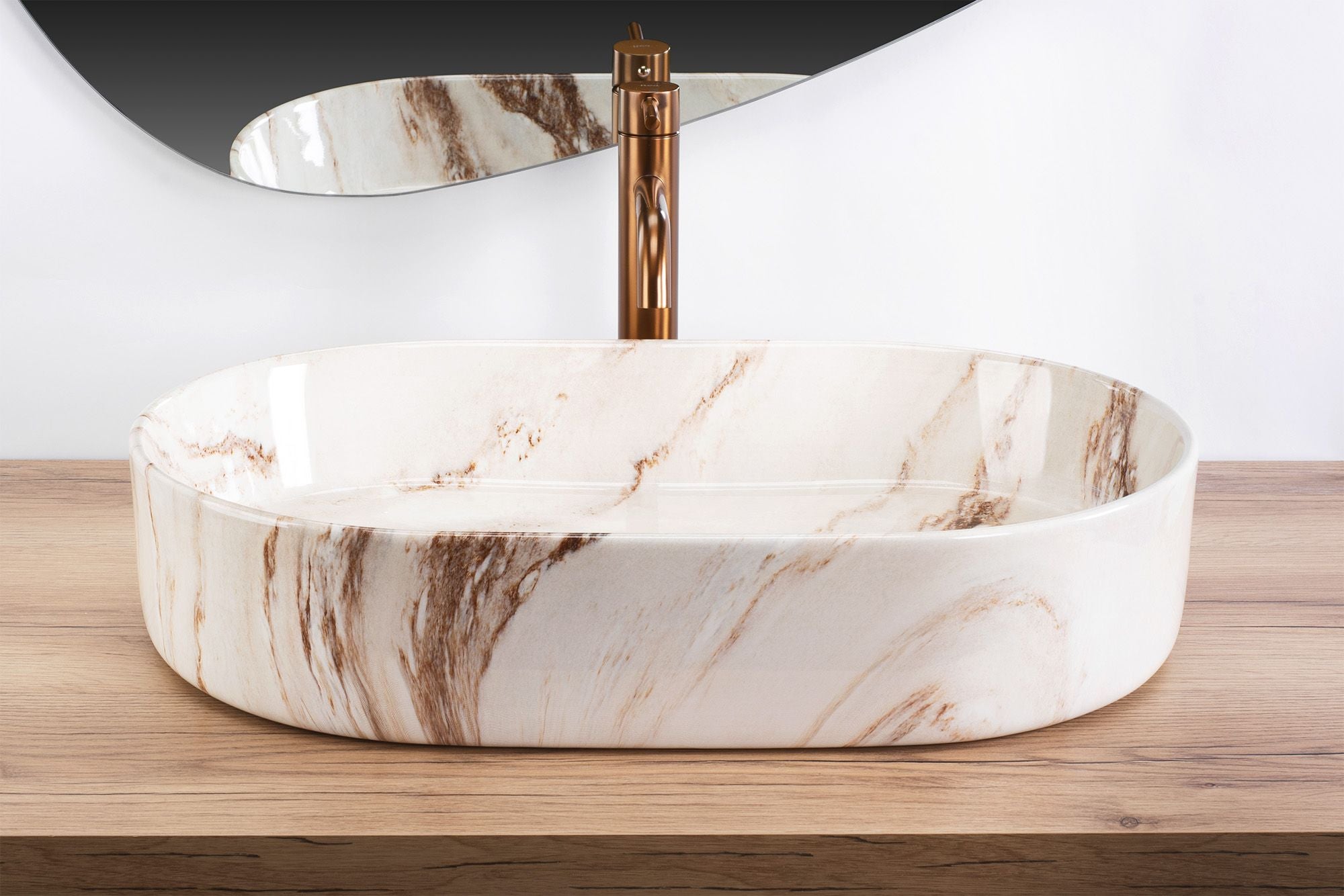 Lavoar baie pe blat oval 61 cm ceramic imitatie piatra maro lucios – Rea Nadia Marrone