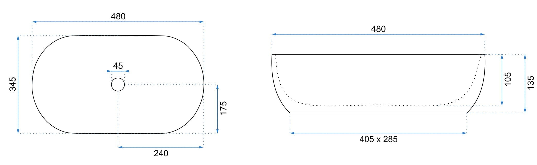 Lavoar ceramic pe blat Rea Amelia, 48 cm, negru lucios